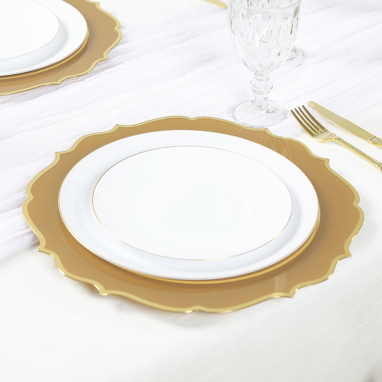 10 - Pack Economy Plastic Round Charger Plates 13" in Gold with Scalloped Rim, Decorative Dinner Party Serving Plates - Bell Racket Store
