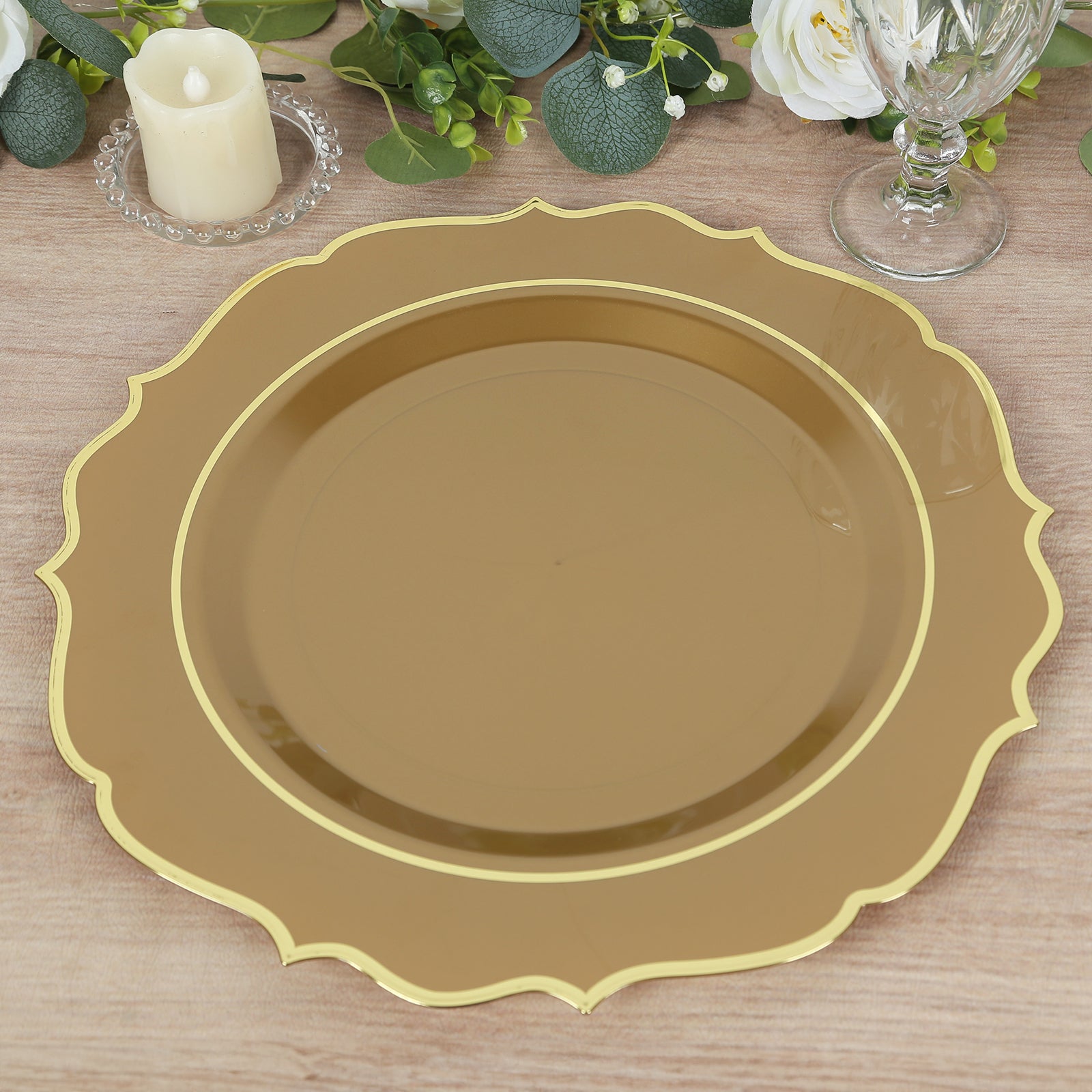 10 - Pack Economy Plastic Round Charger Plates 13" in Gold with Scalloped Rim, Decorative Dinner Party Serving Plates - Bell Racket Store