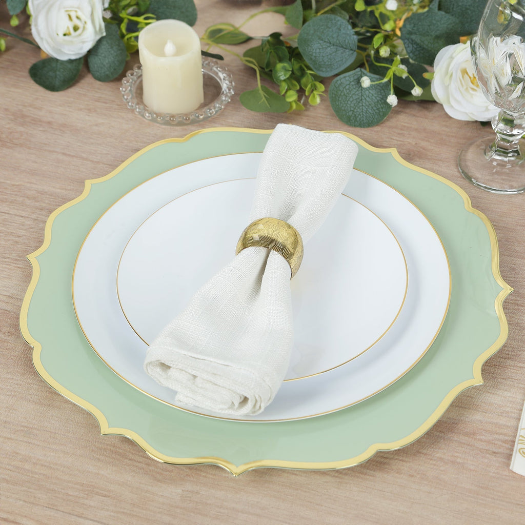 10 - Pack Economy Plastic Round Charger Plates 13" in Sage Green with Gold Scalloped Rim, Decorative Dinner Party Serving Plates - Bell Racket Store