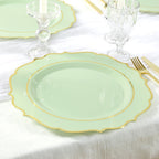 10 - Pack Economy Plastic Round Charger Plates 13" in Sage Green with Gold Scalloped Rim, Decorative Dinner Party Serving Plates - Bell Racket Store