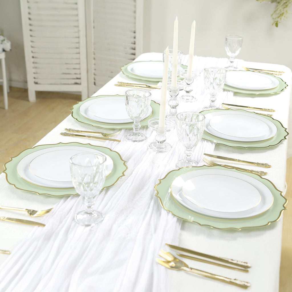 10 - Pack Economy Plastic Round Charger Plates 13" in Sage Green with Gold Scalloped Rim, Decorative Dinner Party Serving Plates - Bell Racket Store