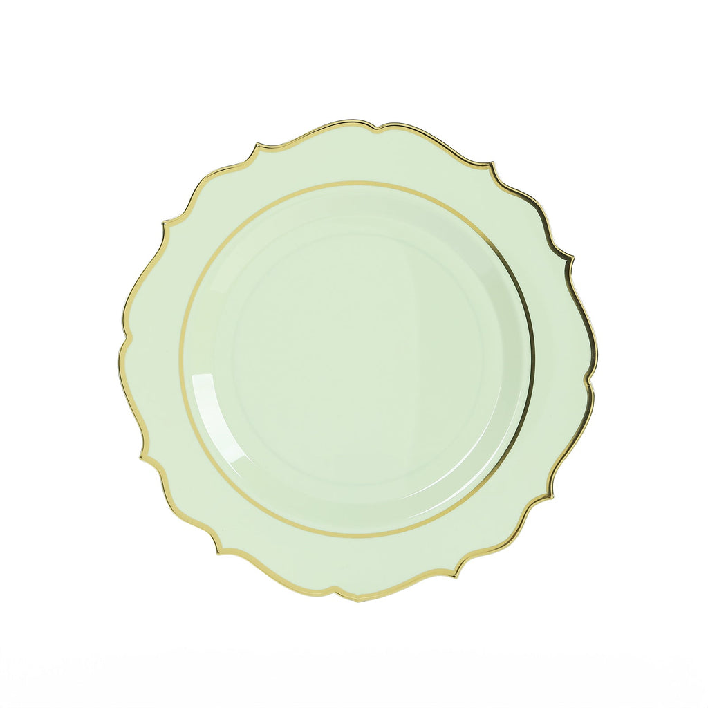 10 - Pack Economy Plastic Round Charger Plates 13" in Sage Green with Gold Scalloped Rim, Decorative Dinner Party Serving Plates - Bell Racket Store