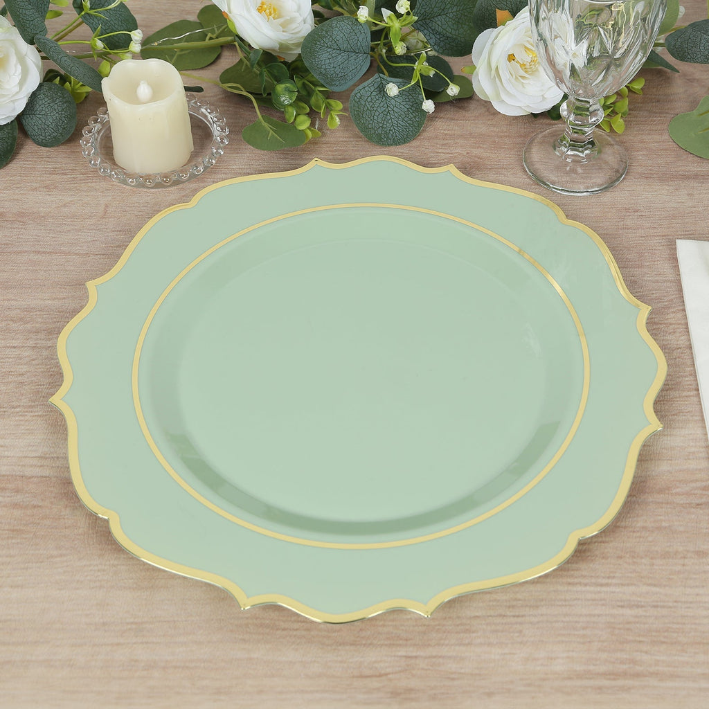 10 - Pack Economy Plastic Round Charger Plates 13" in Sage Green with Gold Scalloped Rim, Decorative Dinner Party Serving Plates - Bell Racket Store