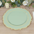 10 - Pack Economy Plastic Round Charger Plates 13" in Sage Green with Gold Scalloped Rim, Decorative Dinner Party Serving Plates - Bell Racket Store