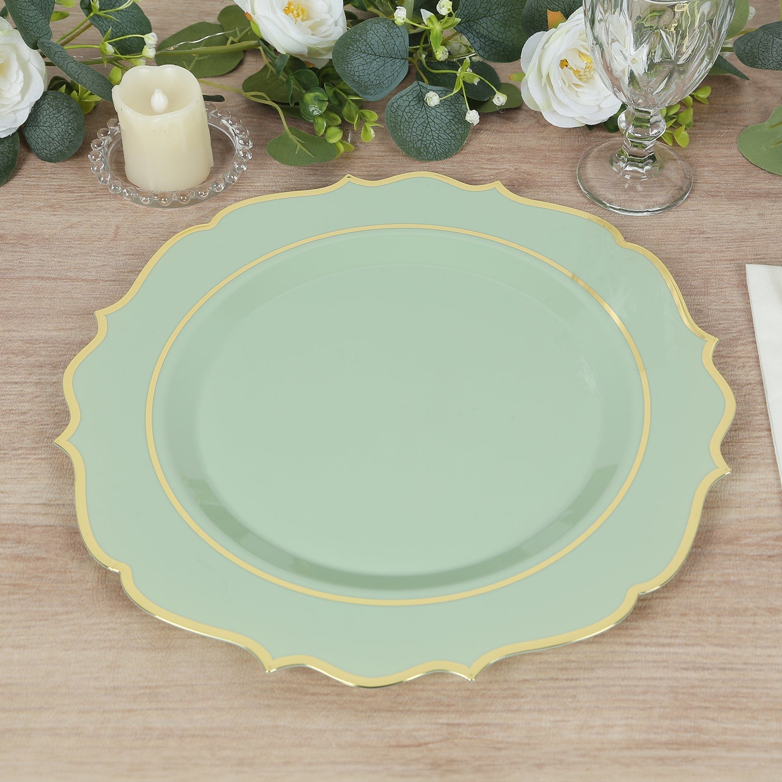 10 - Pack Economy Plastic Round Charger Plates 13" in Sage Green with Gold Scalloped Rim, Decorative Dinner Party Serving Plates - Bell Racket Store
