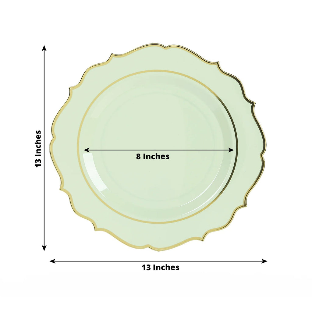 10 - Pack Economy Plastic Round Charger Plates 13" in Sage Green with Gold Scalloped Rim, Decorative Dinner Party Serving Plates - Bell Racket Store