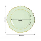 10 - Pack Economy Plastic Round Charger Plates 13" in Sage Green with Gold Scalloped Rim, Decorative Dinner Party Serving Plates - Bell Racket Store