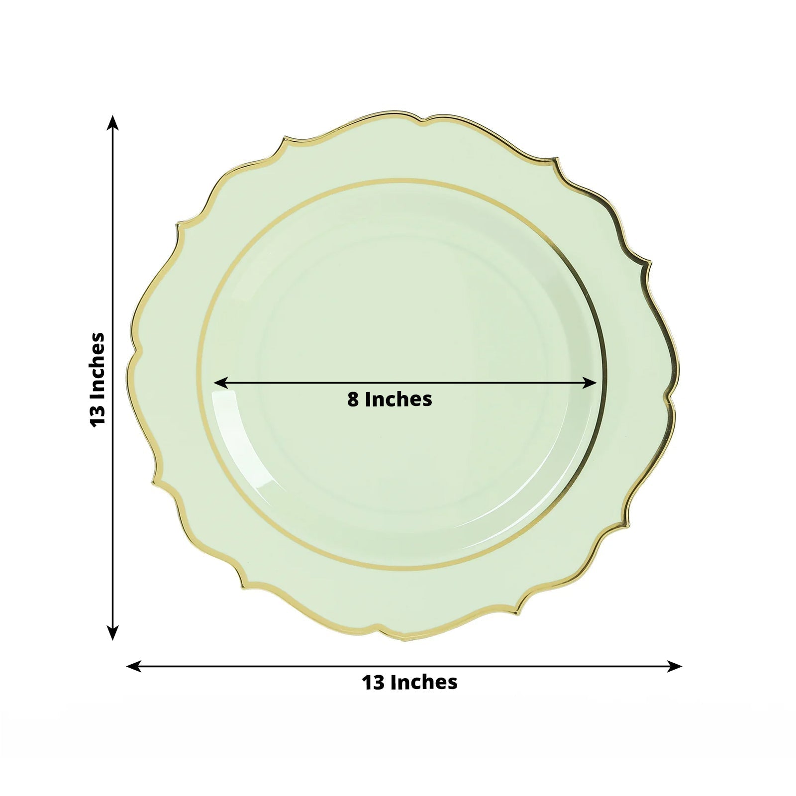 10 - Pack Economy Plastic Round Charger Plates 13" in Sage Green with Gold Scalloped Rim, Decorative Dinner Party Serving Plates - Bell Racket Store