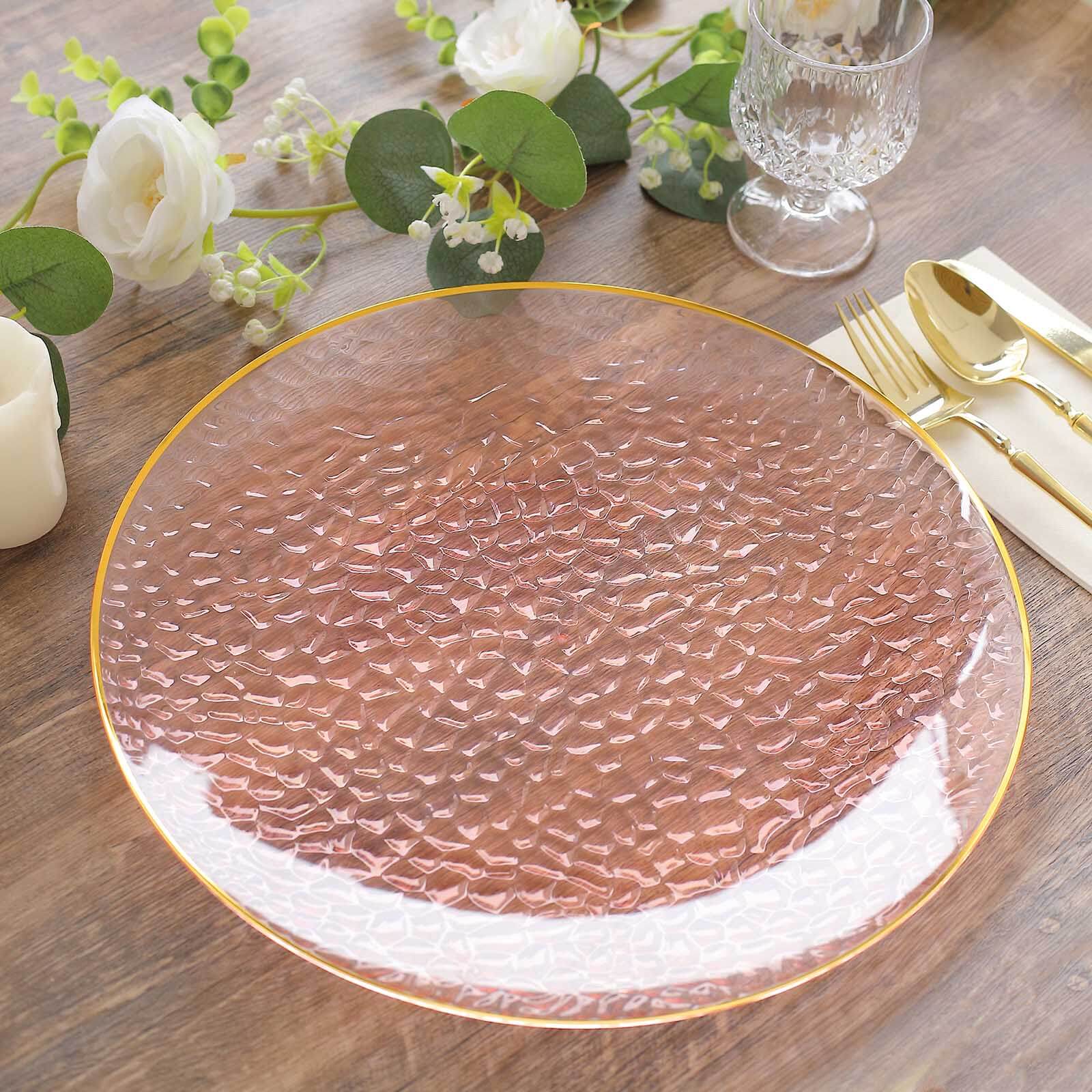 10 Pack Economy Plastic Round Charger Plates 13" in Transparent Blush Hammered Design with Gold Rim, Decorative Dinner Party Serving Plates - Bell Racket Store