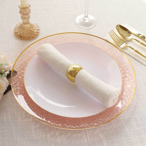 10 Pack Economy Plastic Round Charger Plates 13" in Transparent Blush Hammered Design with Gold Rim, Decorative Dinner Party Serving Plates - Bell Racket Store
