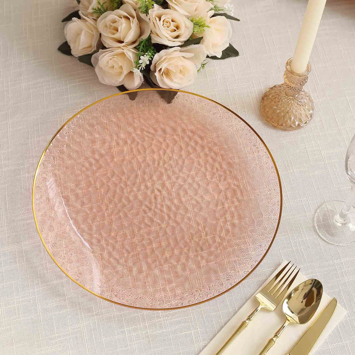10 Pack Economy Plastic Round Charger Plates 13" in Transparent Blush Hammered Design with Gold Rim, Decorative Dinner Party Serving Plates - Bell Racket Store