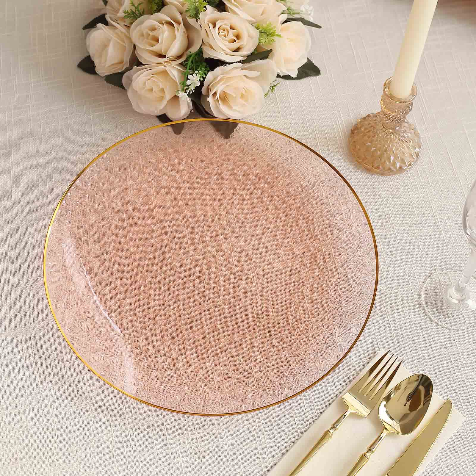 10 Pack Economy Plastic Round Charger Plates 13" in Transparent Blush Hammered Design with Gold Rim, Decorative Dinner Party Serving Plates - Bell Racket Store
