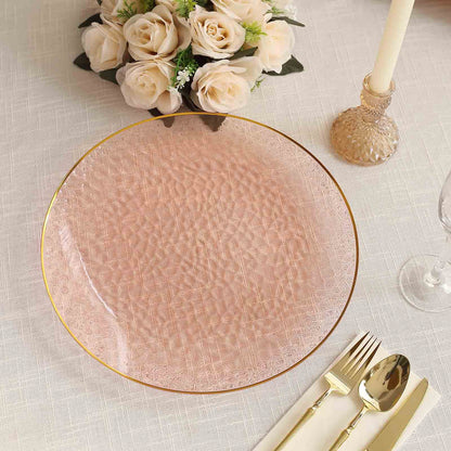 10 Pack Economy Plastic Round Charger Plates 13" in Transparent Blush Hammered Design with Gold Rim, Decorative Dinner Party Serving Plates - Bell Racket Store