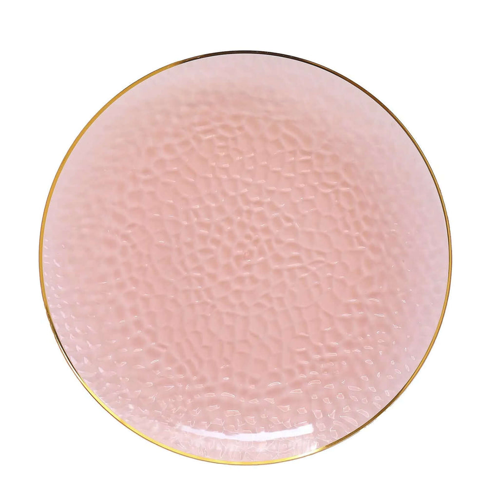 10 Pack Economy Plastic Round Charger Plates 13" in Transparent Blush Hammered Design with Gold Rim, Decorative Dinner Party Serving Plates - Bell Racket Store