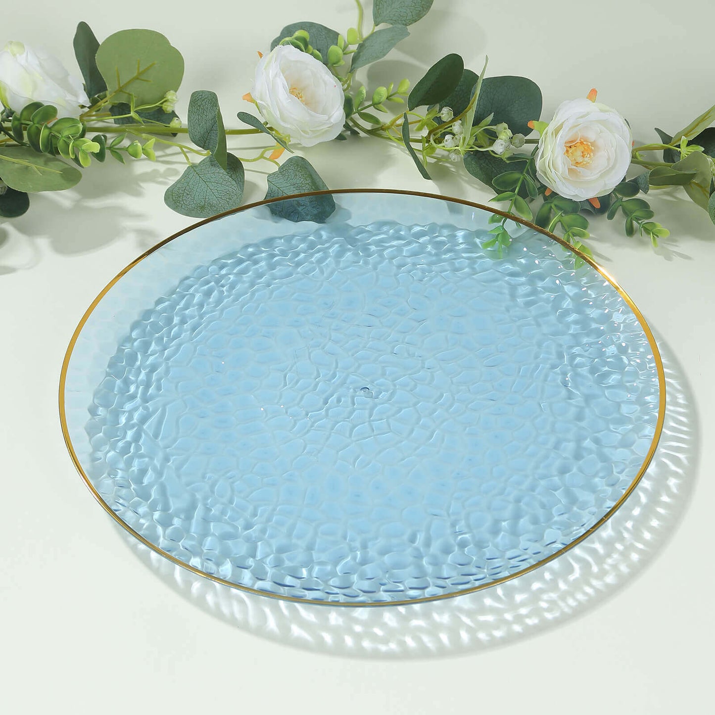10 Pack Economy Plastic Round Charger Plates 13" in Transparent Dusty Blue Hammered Design with Gold Rim, Decorative Dinner Party Serving Plates - Bell Racket Store