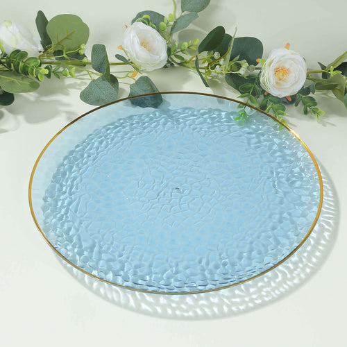 10 Pack Economy Plastic Round Charger Plates 13" in Transparent Dusty Blue Hammered Design with Gold Rim, Decorative Dinner Party Serving Plates - Bell Racket Store