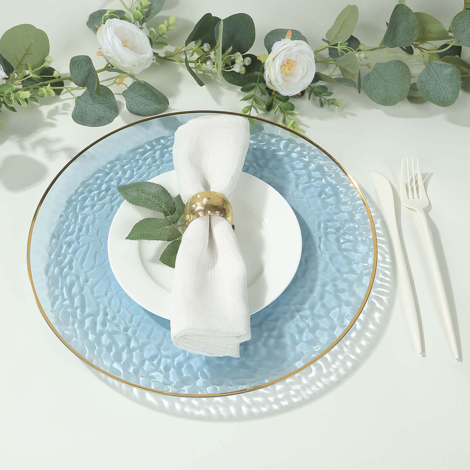 10 Pack Economy Plastic Round Charger Plates 13" in Transparent Dusty Blue Hammered Design with Gold Rim, Decorative Dinner Party Serving Plates - Bell Racket Store