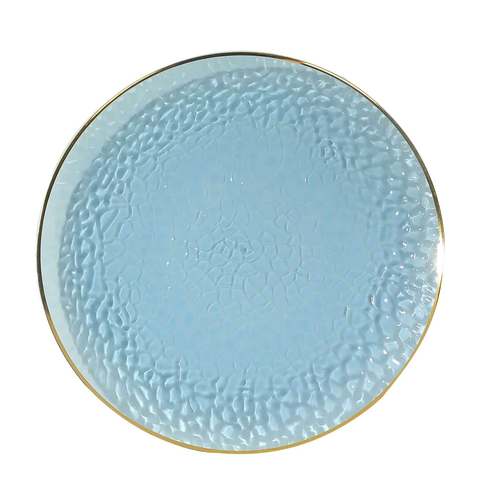 10 Pack Economy Plastic Round Charger Plates 13" in Transparent Dusty Blue Hammered Design with Gold Rim, Decorative Dinner Party Serving Plates - Bell Racket Store