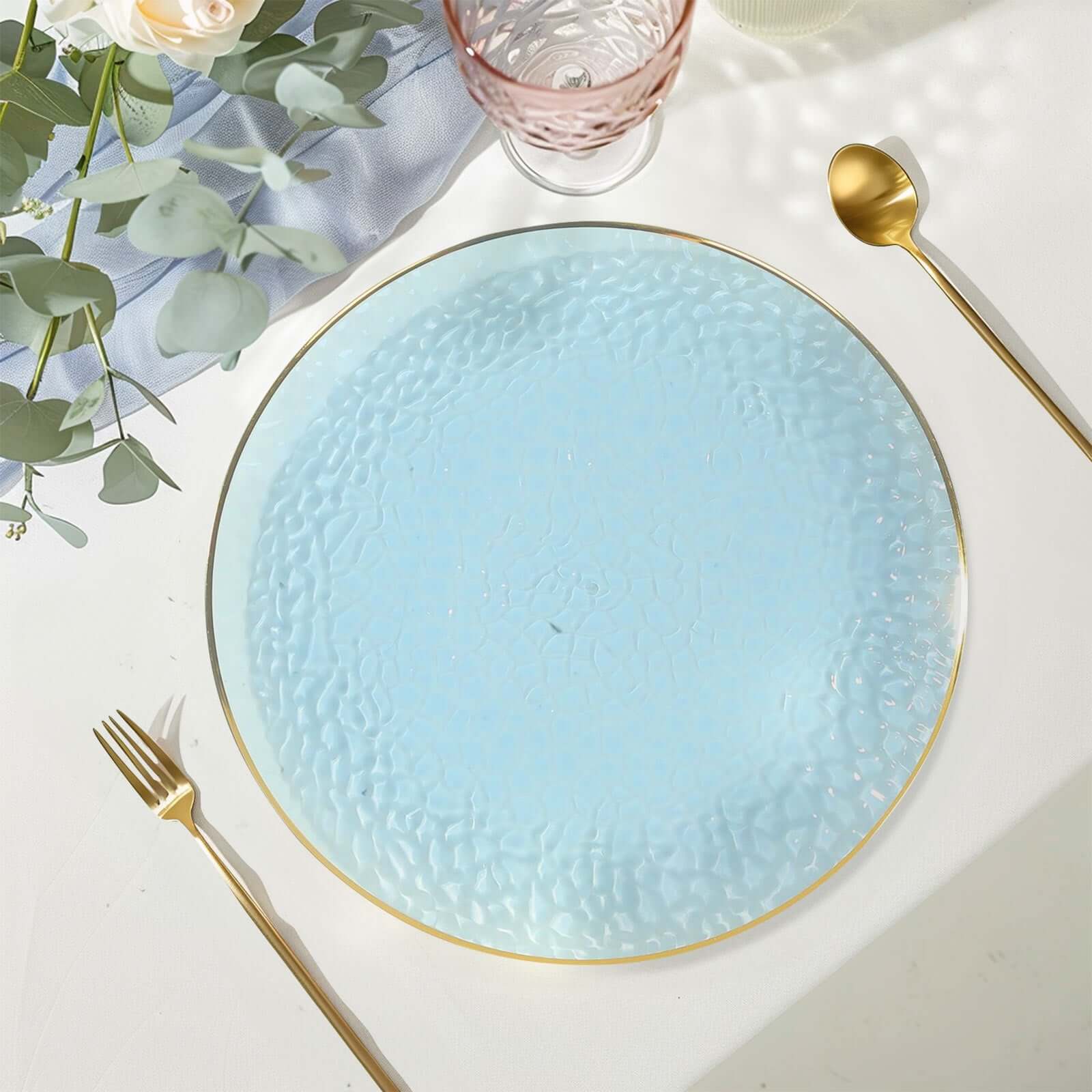 10 Pack Economy Plastic Round Charger Plates 13" in Transparent Dusty Blue Hammered Design with Gold Rim, Decorative Dinner Party Serving Plates - Bell Racket Store