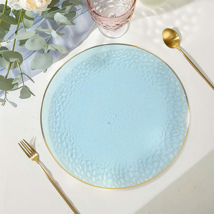 10 Pack Economy Plastic Round Charger Plates 13" in Transparent Dusty Blue Hammered Design with Gold Rim, Decorative Dinner Party Serving Plates - Bell Racket Store