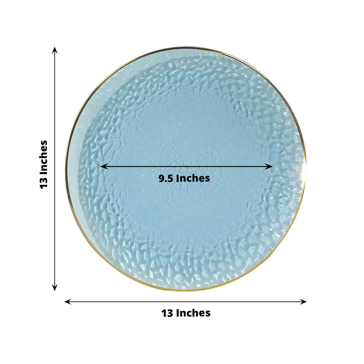 10 Pack Economy Plastic Round Charger Plates 13" in Transparent Dusty Blue Hammered Design with Gold Rim, Decorative Dinner Party Serving Plates - Bell Racket Store