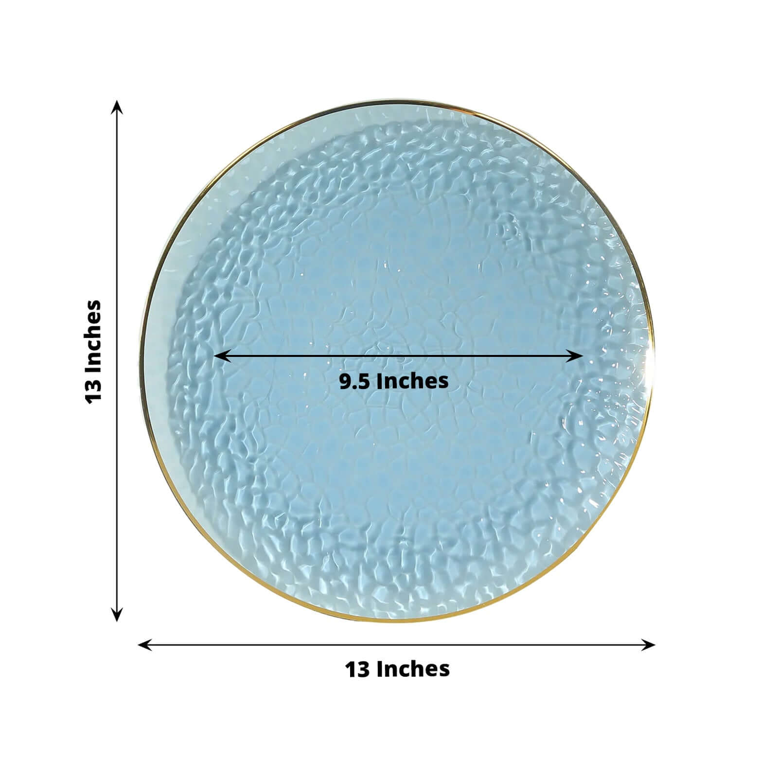 10 Pack Economy Plastic Round Charger Plates 13" in Transparent Dusty Blue Hammered Design with Gold Rim, Decorative Dinner Party Serving Plates - Bell Racket Store