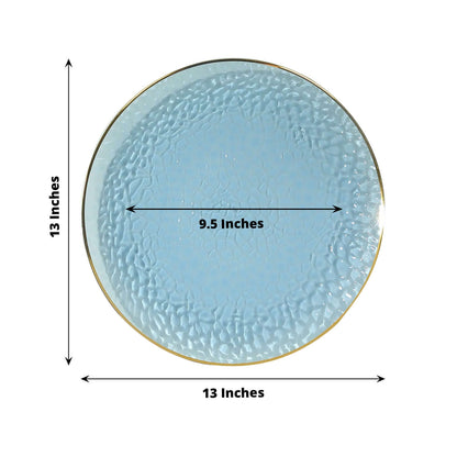 10 Pack Economy Plastic Round Charger Plates 13" in Transparent Dusty Blue Hammered Design with Gold Rim, Decorative Dinner Party Serving Plates - Bell Racket Store