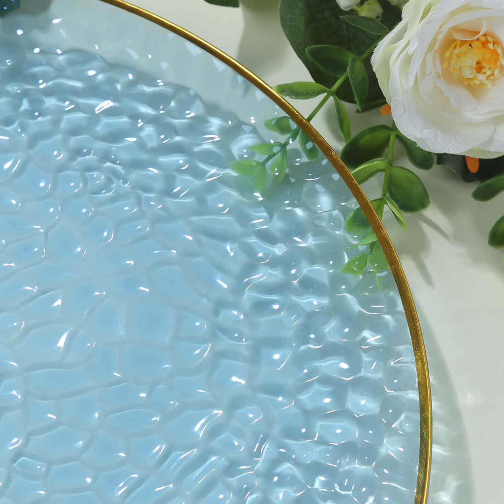 10 Pack Economy Plastic Round Charger Plates 13" in Transparent Dusty Blue Hammered Design with Gold Rim, Decorative Dinner Party Serving Plates - Bell Racket Store