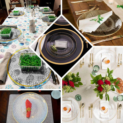 10 Pack Economy Plastic Round Charger Plates 13" in Transparent Dusty Blue Hammered Design with Gold Rim, Decorative Dinner Party Serving Plates - Bell Racket Store