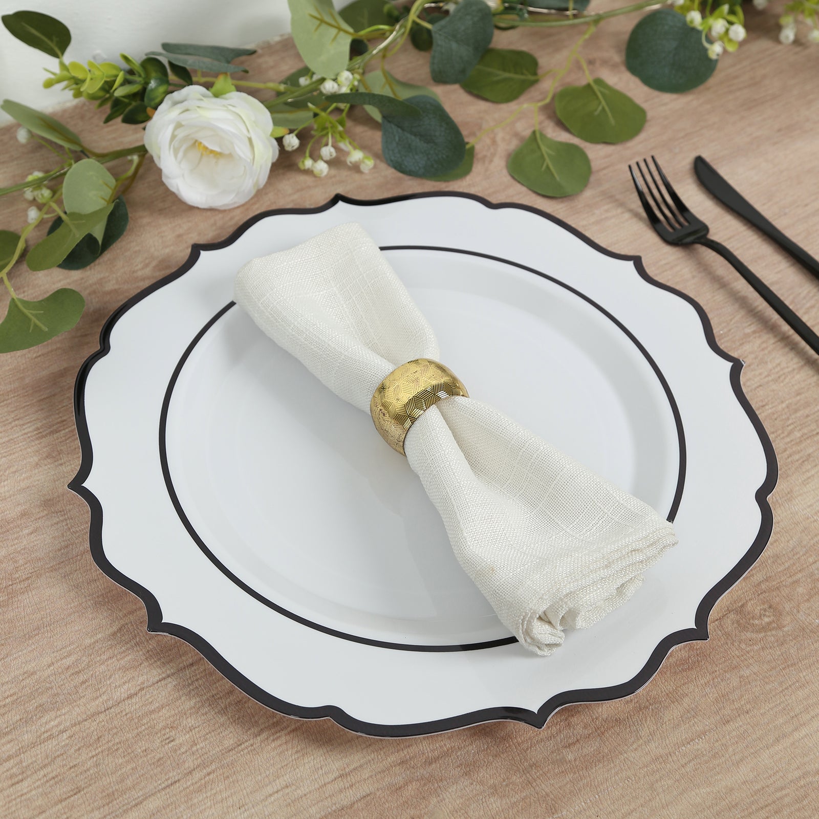 10 - Pack Economy Plastic Round Charger Plates 13" in White with Black Scalloped Rim, Decorative Dinner Party Serving Plates - Bell Racket Store