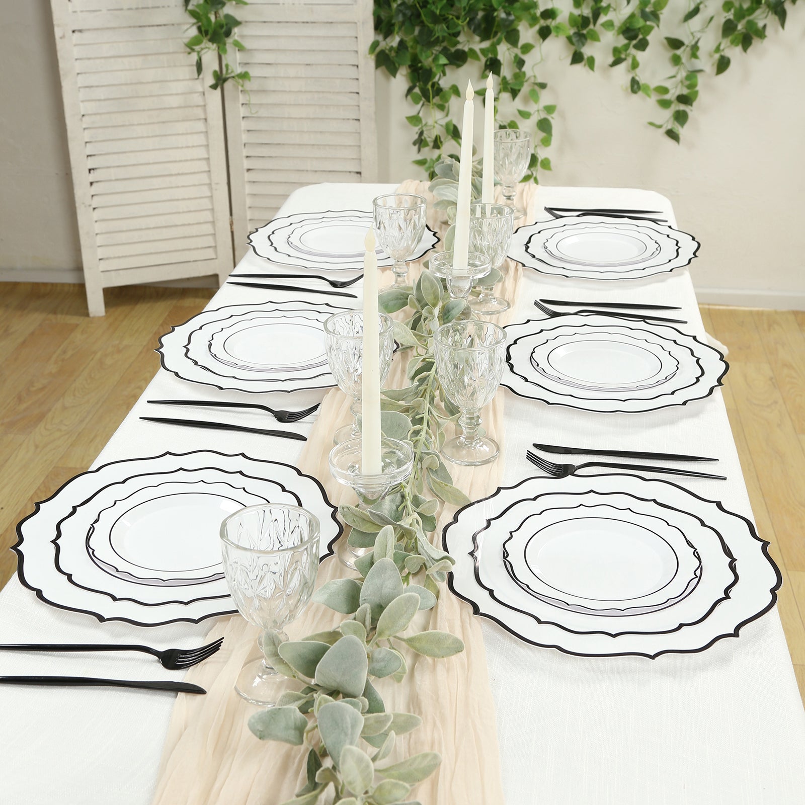 10 - Pack Economy Plastic Round Charger Plates 13" in White with Black Scalloped Rim, Decorative Dinner Party Serving Plates - Bell Racket Store