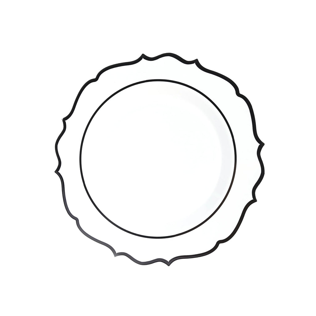 10 - Pack Economy Plastic Round Charger Plates 13" in White with Black Scalloped Rim, Decorative Dinner Party Serving Plates - Bell Racket Store