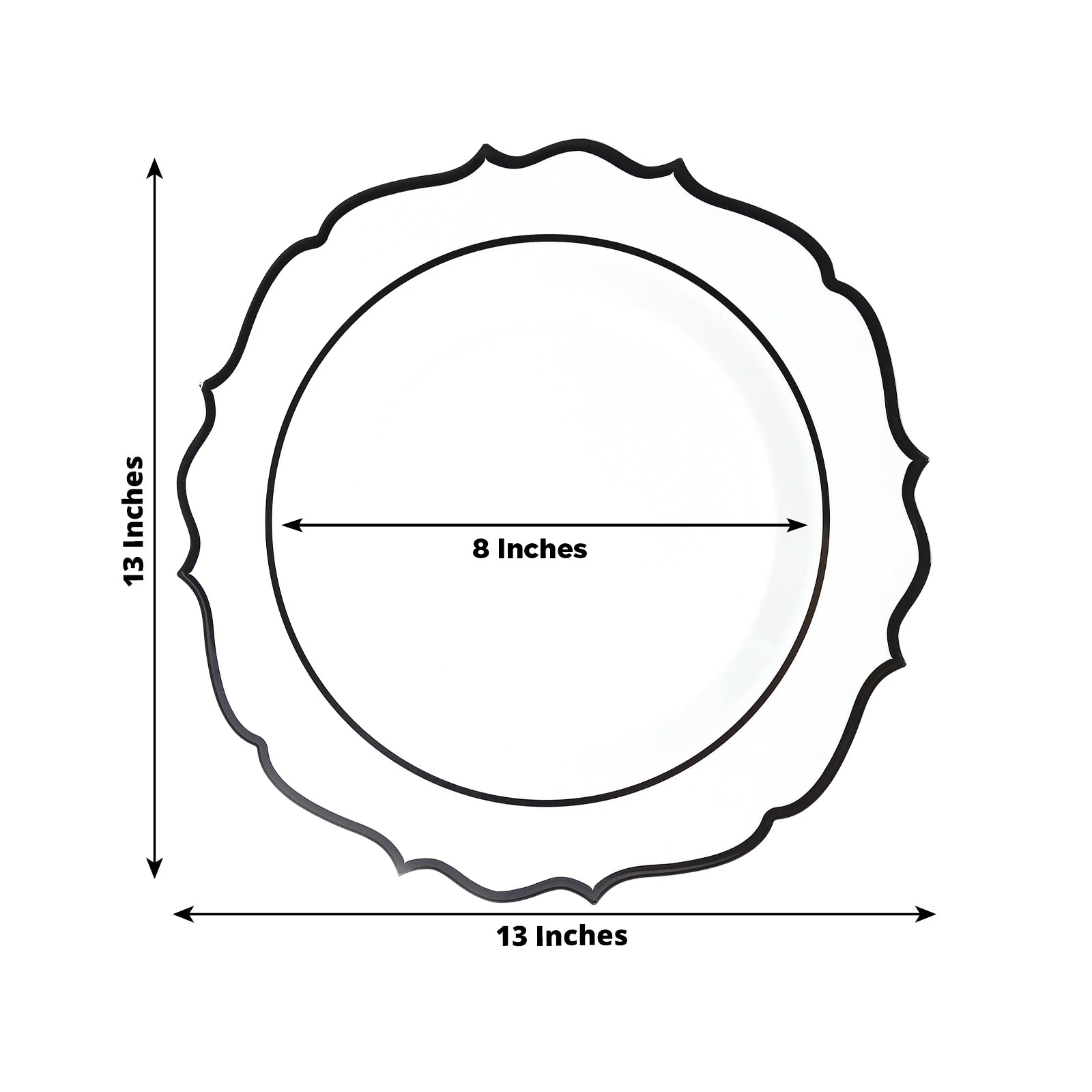 10 - Pack Economy Plastic Round Charger Plates 13" in White with Black Scalloped Rim, Decorative Dinner Party Serving Plates - Bell Racket Store