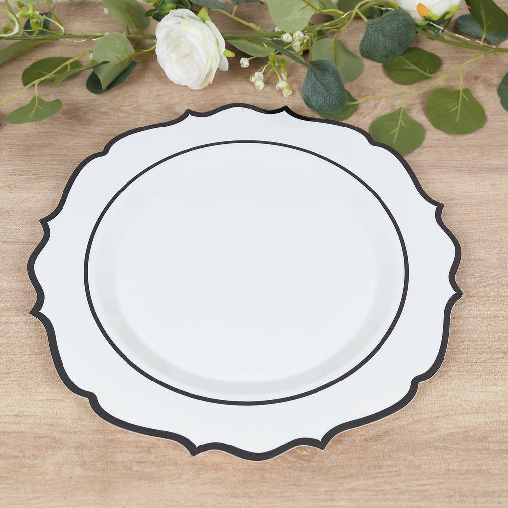 10 - Pack Economy Plastic Round Charger Plates 13" in White with Black Scalloped Rim, Decorative Dinner Party Serving Plates - Bell Racket Store