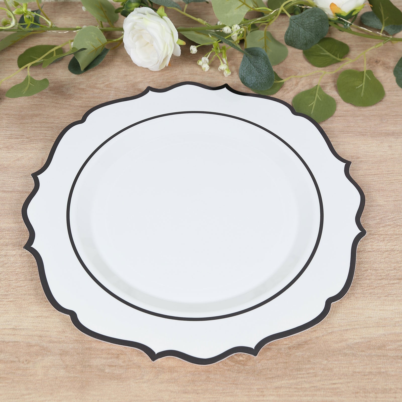 10 - Pack Economy Plastic Round Charger Plates 13" in White with Black Scalloped Rim, Decorative Dinner Party Serving Plates - Bell Racket Store
