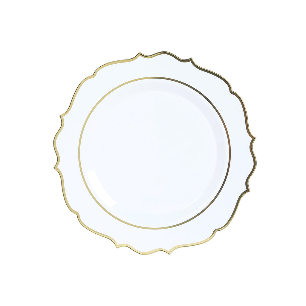 10 - Pack Economy Plastic Round Charger Plates 13" in White with Gold Scalloped Rim, Decorative Dinner Party Serving Plates - Bell Racket Store
