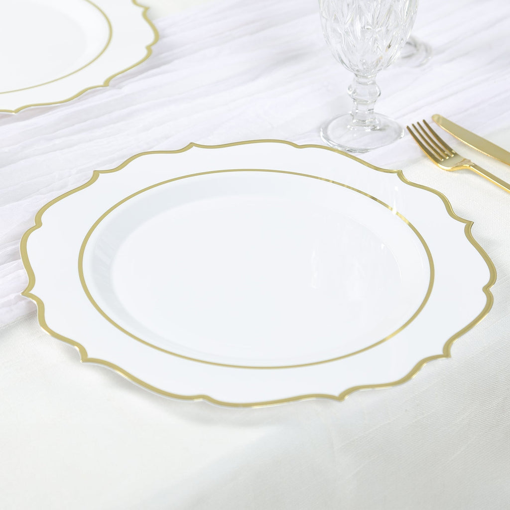 10 - Pack Economy Plastic Round Charger Plates 13" in White with Gold Scalloped Rim, Decorative Dinner Party Serving Plates - Bell Racket Store