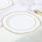 10 - Pack Economy Plastic Round Charger Plates 13" in White with Gold Scalloped Rim, Decorative Dinner Party Serving Plates - Bell Racket Store