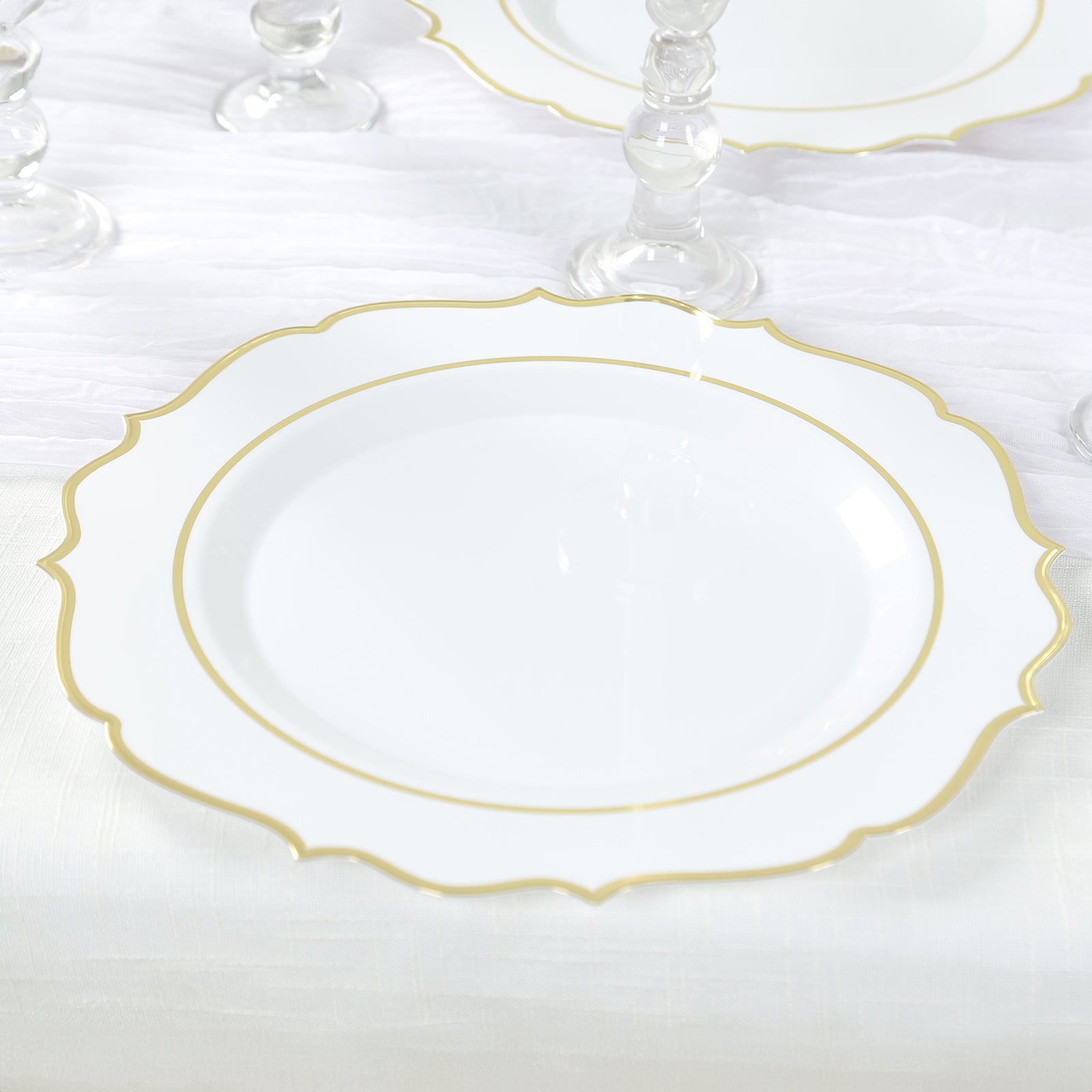 10 - Pack Economy Plastic Round Charger Plates 13" in White with Gold Scalloped Rim, Decorative Dinner Party Serving Plates - Bell Racket Store