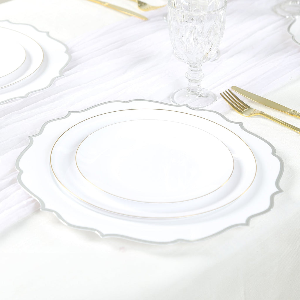 10 - Pack Economy Plastic Round Charger Plates 13" in White with Silver Scalloped Rim, Decorative Dinner Party Serving Plates - Bell Racket Store