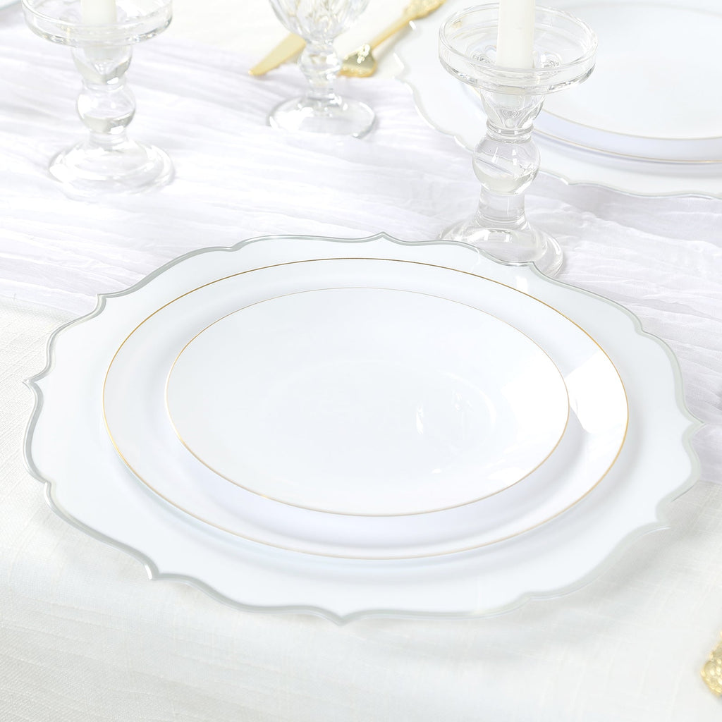 10 - Pack Economy Plastic Round Charger Plates 13" in White with Silver Scalloped Rim, Decorative Dinner Party Serving Plates - Bell Racket Store
