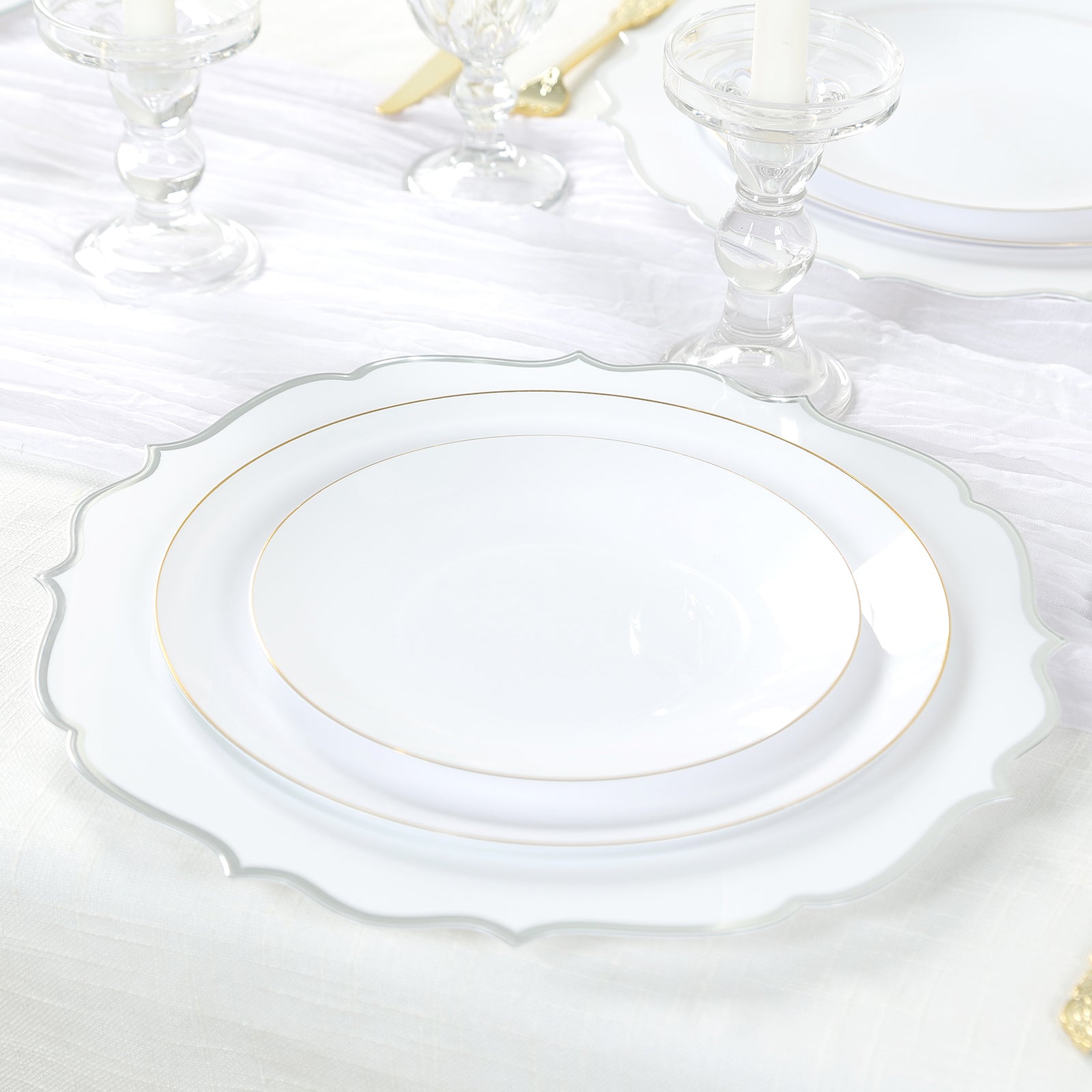 10 - Pack Economy Plastic Round Charger Plates 13" in White with Silver Scalloped Rim, Decorative Dinner Party Serving Plates - Bell Racket Store