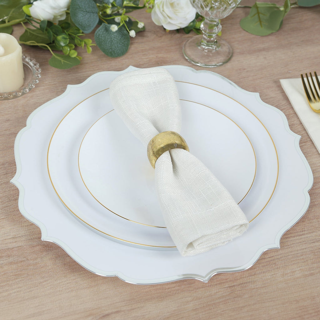 10 - Pack Economy Plastic Round Charger Plates 13" in White with Silver Scalloped Rim, Decorative Dinner Party Serving Plates - Bell Racket Store