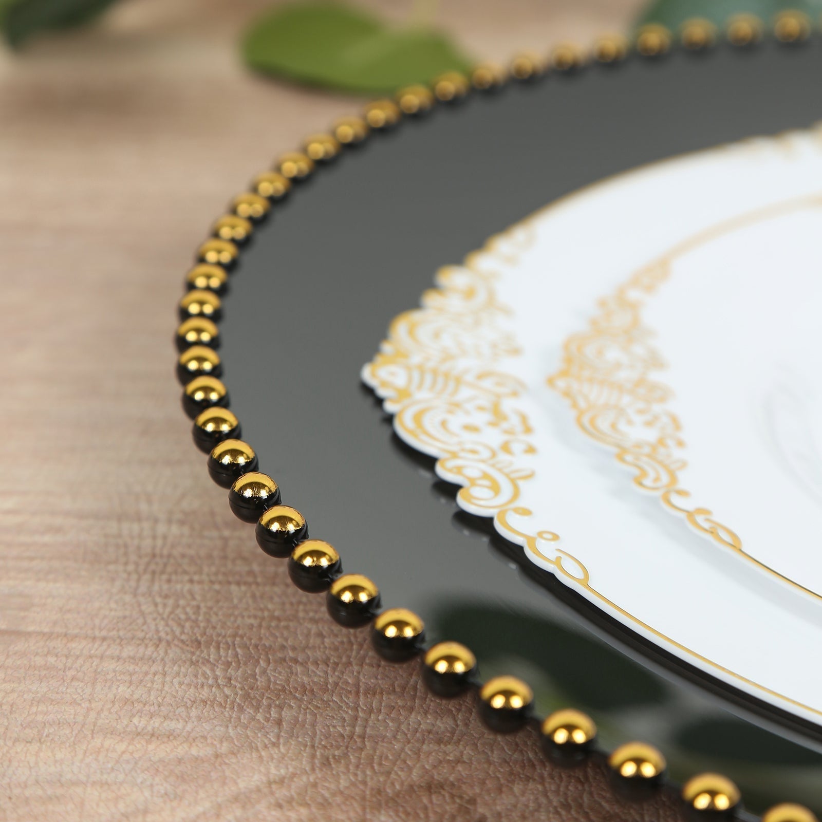 10 - Pack Economy Round Plastic Charger Plates 13" in Black with Gold Beaded Rim, Stylish Dinner Party Serving Plates - Bell Racket Store
