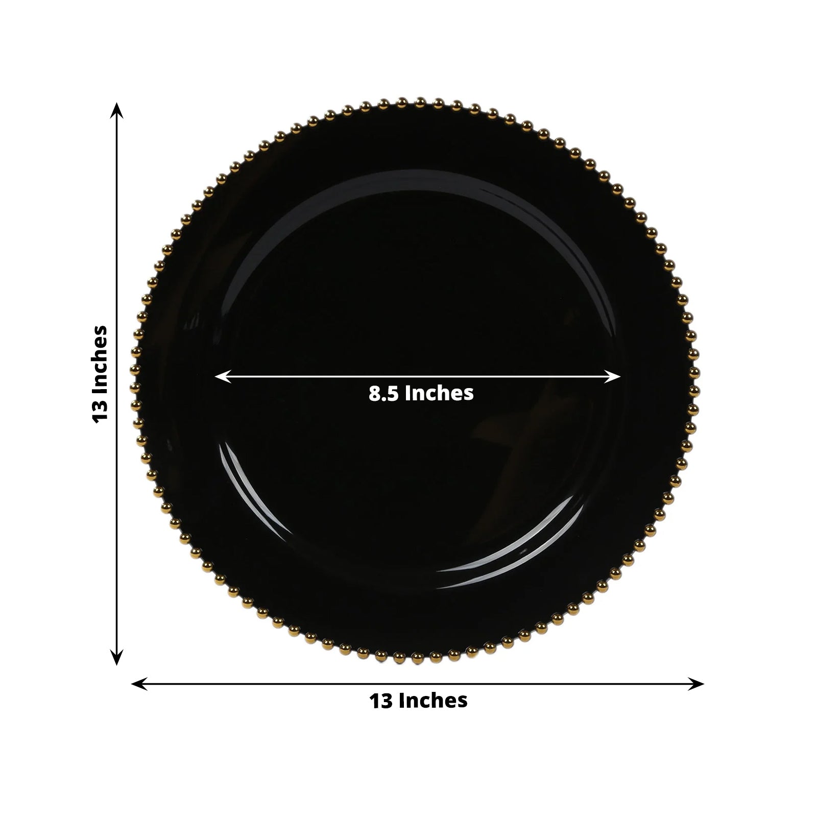 10 - Pack Economy Round Plastic Charger Plates 13" in Black with Gold Beaded Rim, Stylish Dinner Party Serving Plates - Bell Racket Store