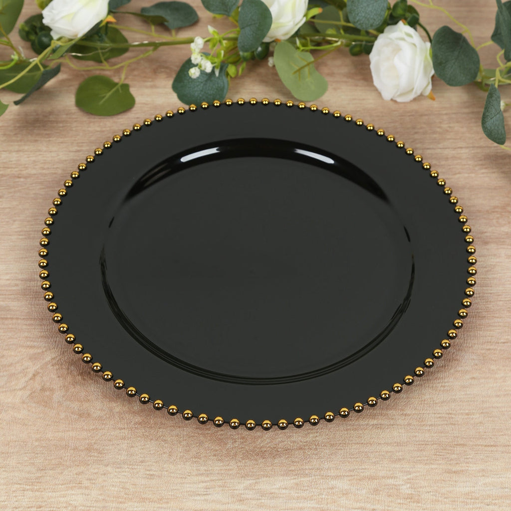 10 - Pack Economy Round Plastic Charger Plates 13" in Black with Gold Beaded Rim, Stylish Dinner Party Serving Plates - Bell Racket Store