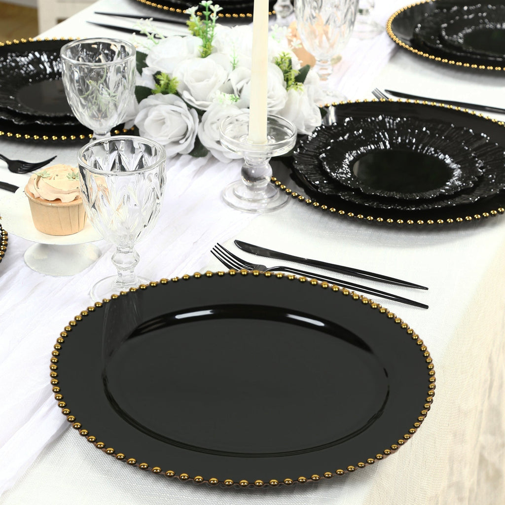 10 - Pack Economy Round Plastic Charger Plates 13" in Black with Gold Beaded Rim, Stylish Dinner Party Serving Plates - Bell Racket Store