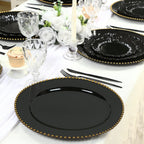 10 - Pack Economy Round Plastic Charger Plates 13" in Black with Gold Beaded Rim, Stylish Dinner Party Serving Plates - Bell Racket Store