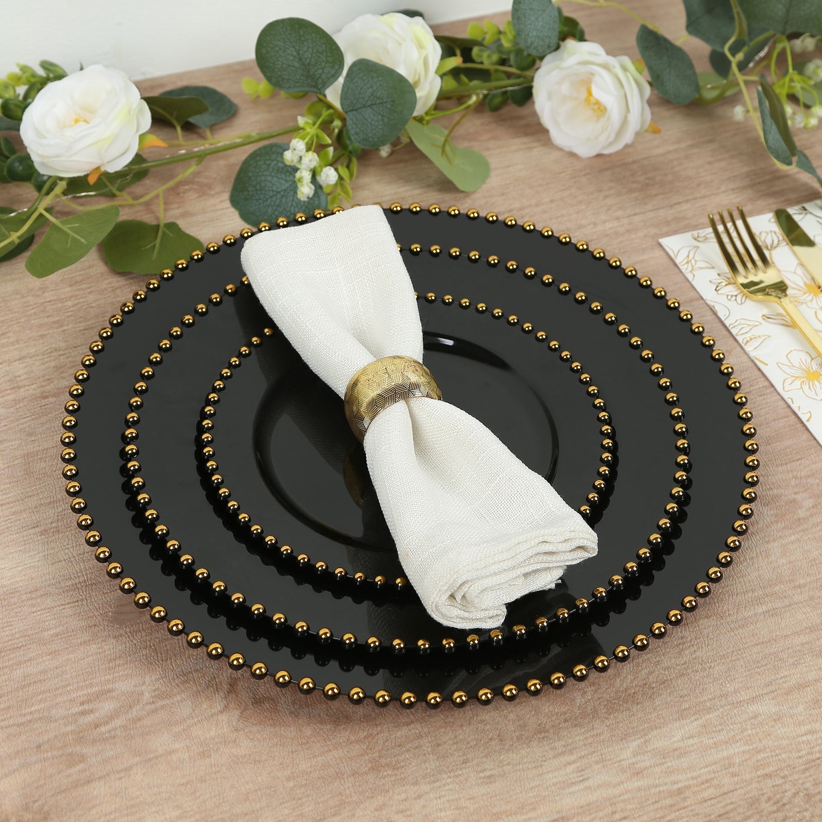 10 - Pack Economy Round Plastic Charger Plates 13" in Black with Gold Beaded Rim, Stylish Dinner Party Serving Plates - Bell Racket Store