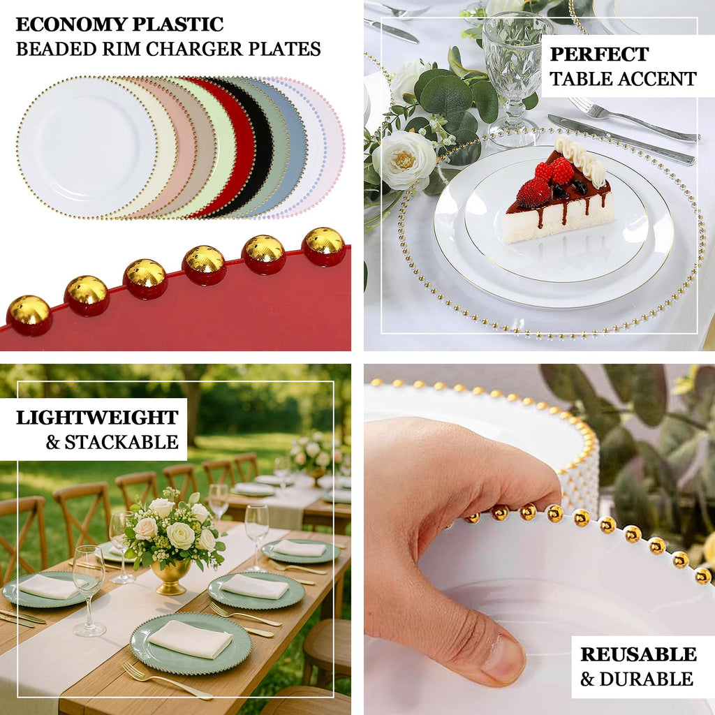 10 - Pack Economy Round Plastic Charger Plates 13" in Clear Beaded Rim, Stylish Dinner Party Serving Plates - Bell Racket Store